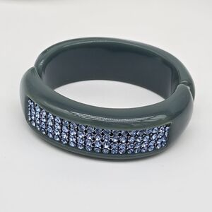 Vintage Swarovski Jade Green Hinged Bangle Bracelet Pave Blue Crystals
